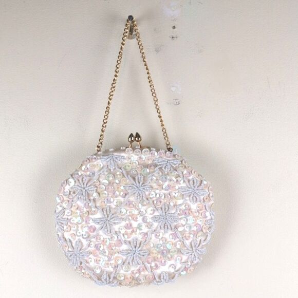 Vintage Ivory Beaded & Sequined Special Occasion Clutch Evening Bag Gold Chain - Picture 8 of 8